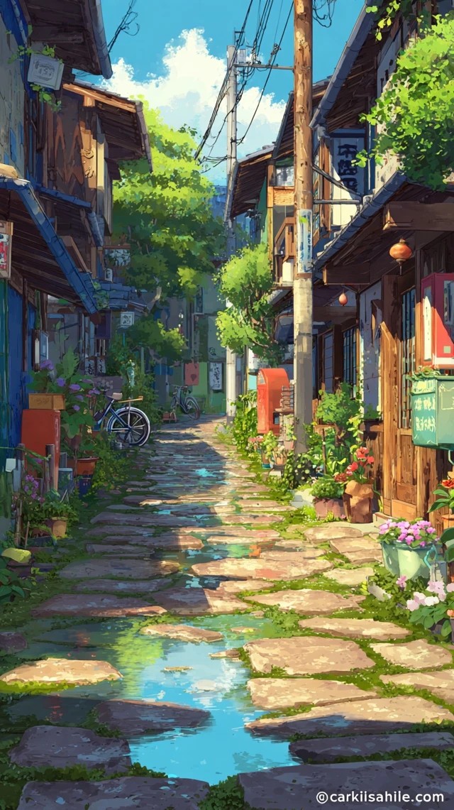 Japanese Village Street Watercolor Anime Art