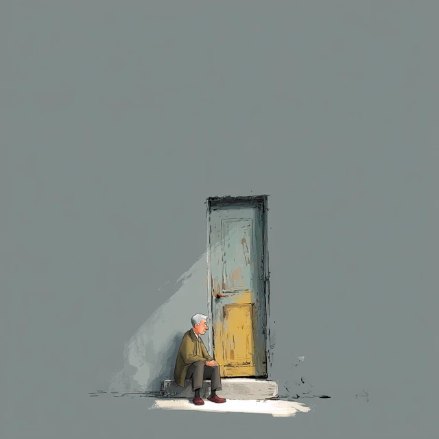 Elderly Person Sitting by Door Hand Painted