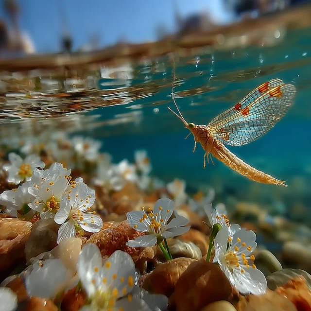 Mayfly over Spring Flowers Crystal Clear River