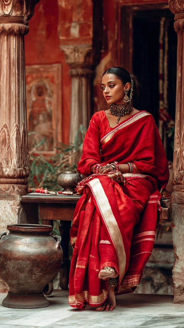 Indian Woman in Red Saree Vogue Photoshoot