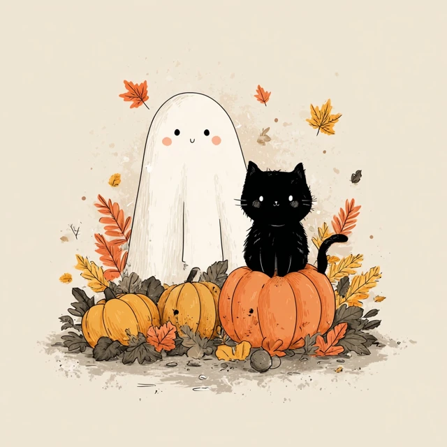 Halloween Cat Ghost Pumpkin Patch Illustration