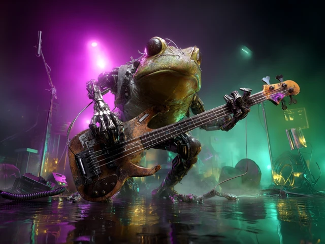 Biomechanical Frog Bassist in Toxic Swamp