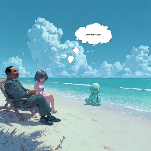MLK on Beach with Anime Girl Thought Bubble