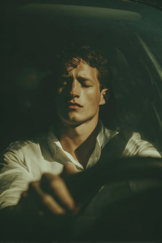 Man in Car Eyes Closed Shirt Driving