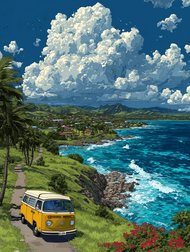 Hawaiian Coastline Yellow Van Illustration Art
