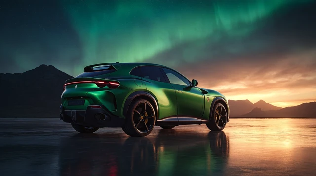 Emerald Ferrari Purosangue SUV Under Aurora Borealis