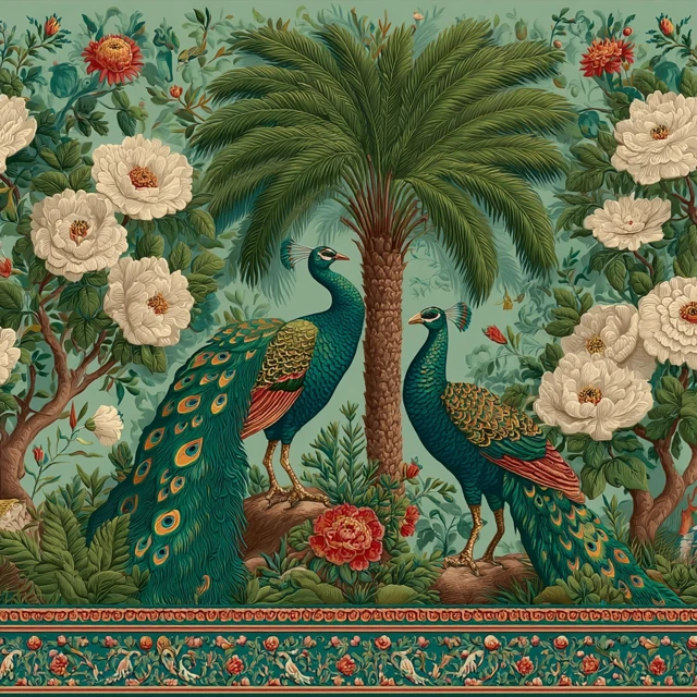 Mughal Art Wallpaper Peacocks Palm Trees Floral Patterns