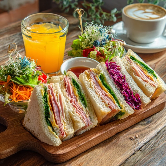 Cozy Japanese Sandwich Lunch with Orange Juice