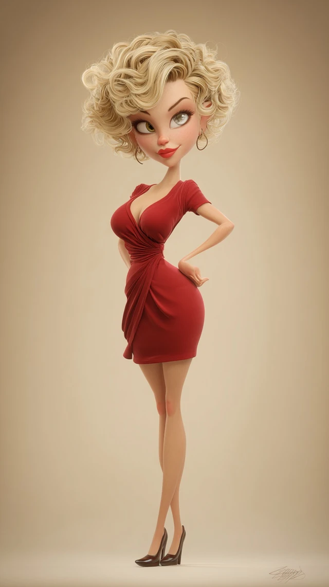 3D Cartoon Woman in Red Dress Glamour