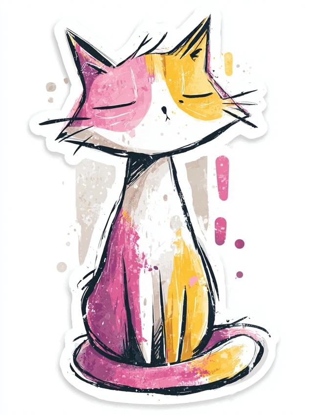 Cute Cartoon Cat Sticker in Pink and Yellow Colors