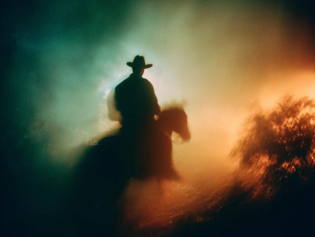 Cowboy Silhouette Riding Horse at Night Photograph