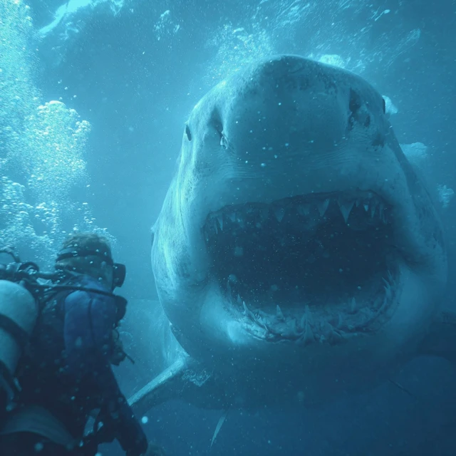 Diver and Great White Shark Underwater Encounter