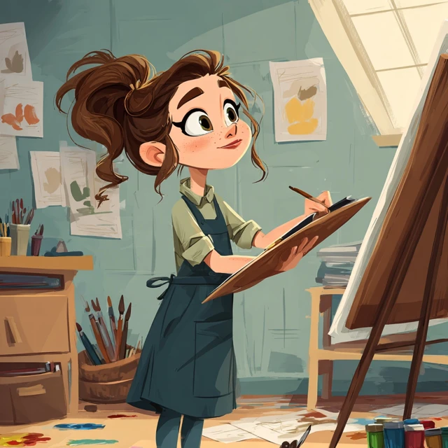 Cartoon Girl Artist in Art Classroom