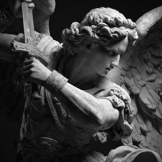 Archangel Michael Marble Sculpture Dramatic Lighting