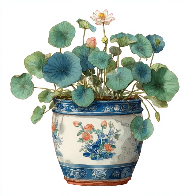 Watercolor Lotus Flowerpot Illustration