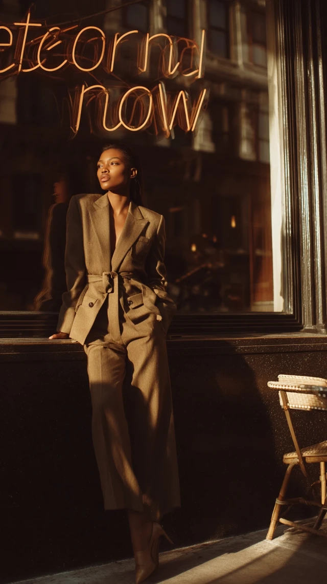African Model in Calvin Klein Pantsuit at Cafe