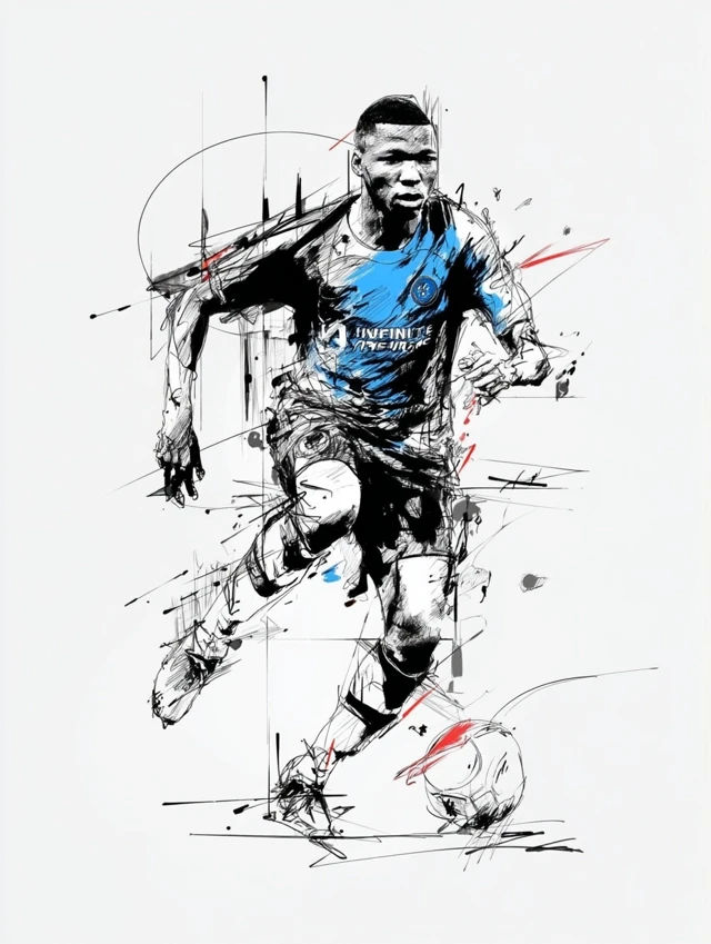 Soccer Player in Black and White Pencil Drawing