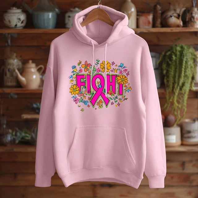 Pink FIGHT Hoodie Floral Design Positive Support Womens Casual