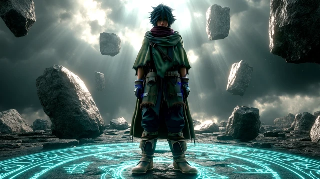 Anime Warrior with Blue Magic and Floating Rocks