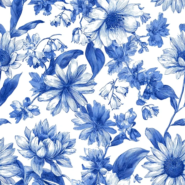 Floral Pattern Blue and White Hand Drawn Illustration