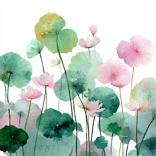 Watercolor Water Plants Light Green Pink