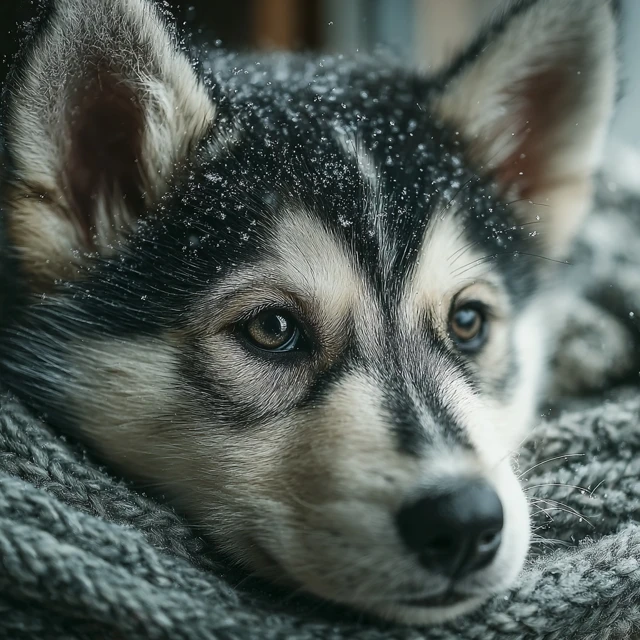 Lonely Husky Puppy in Snow Warm Portrait