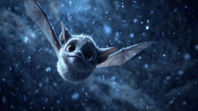 Cute Baby Bat Flying in Snow Pixar Style