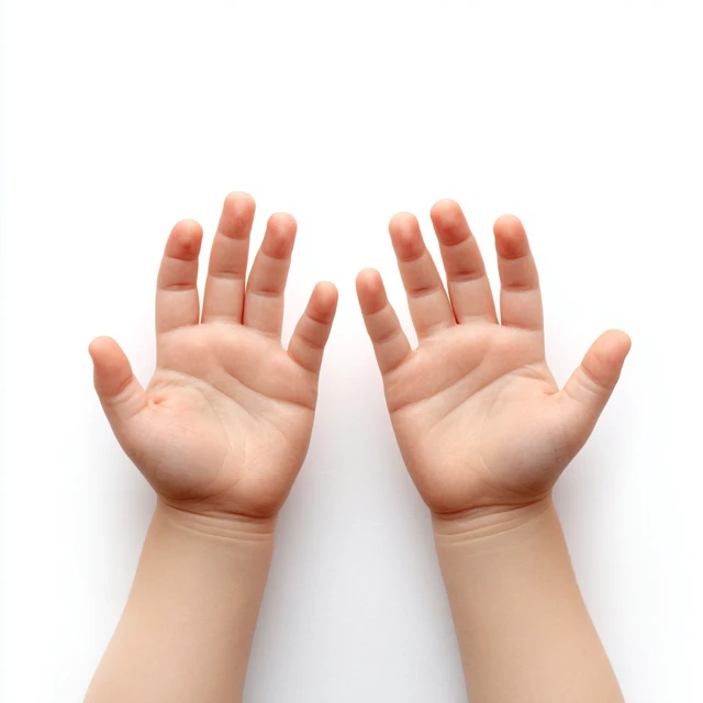 Childs Hands Top View on White Background