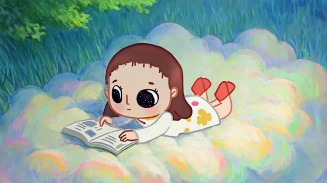 Girl on Cloud Reading Book Cartoon Illustration