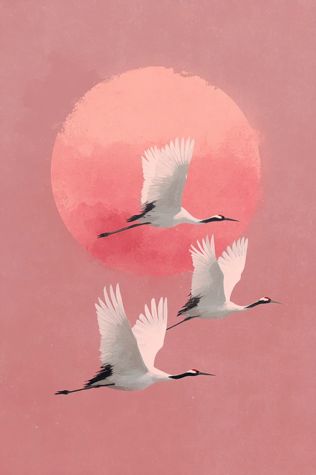 Japanese Crane Art Print Pink Sun Pastel Tones