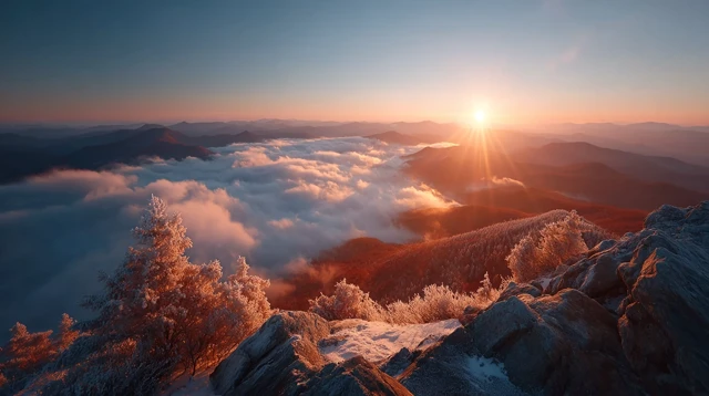 Sunrise Over Cloud Ocean Mountain Peak