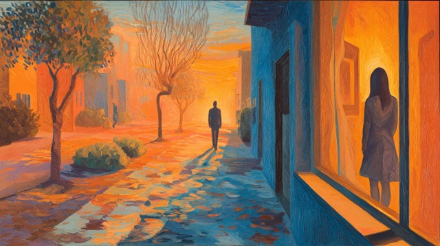 Sunset Painting Woman Walking Alone Symbolic Art