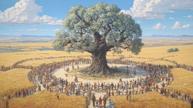 Prairie Scene A Circle of People Around a Giant Tree
