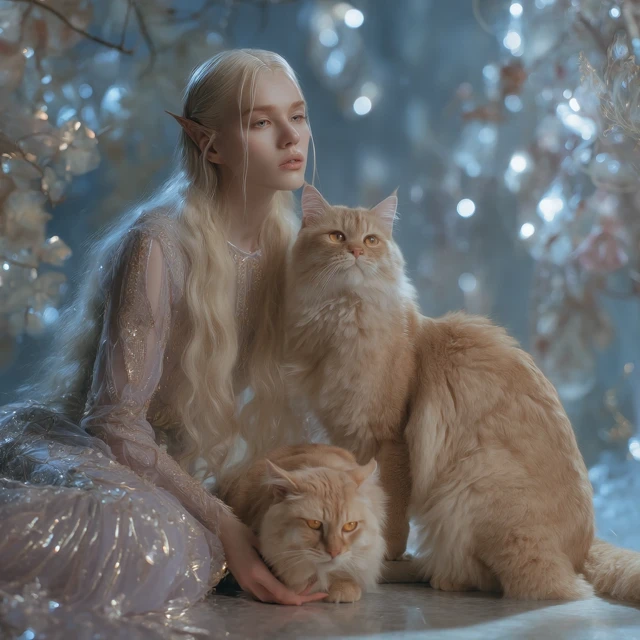 Elven Queen and Cats: Dreamlike 4k Portrait