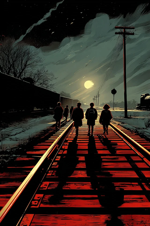Schoolchildren on Train Tracks at Night Illustration