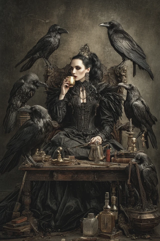Queen of Ravens listening to advisors and sipping
