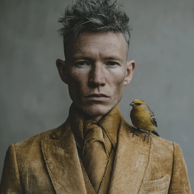 Man in Corduroy Suit with Goldfinch on Shoulder