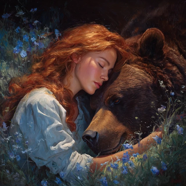 Fantasy Woman and Bear Meadow Painting