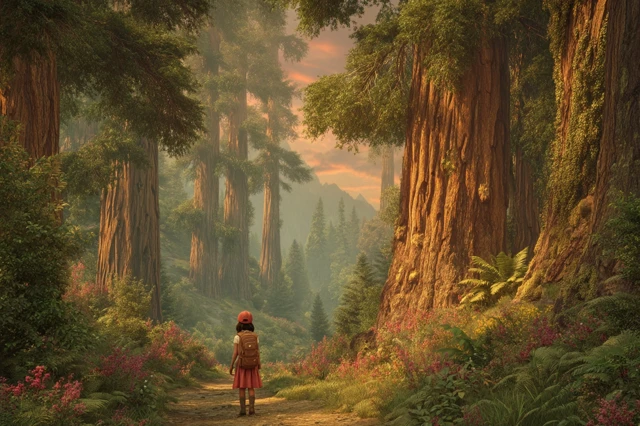 Girl Scout in Redwood Forest Golden Hour 3D Render