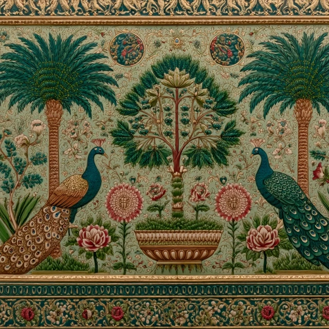 Mughal Art Wallpaper Peacocks Palm Trees Floral Patterns
