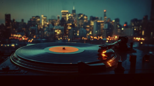 Vintage Turntable Spinning Record Cityscape
