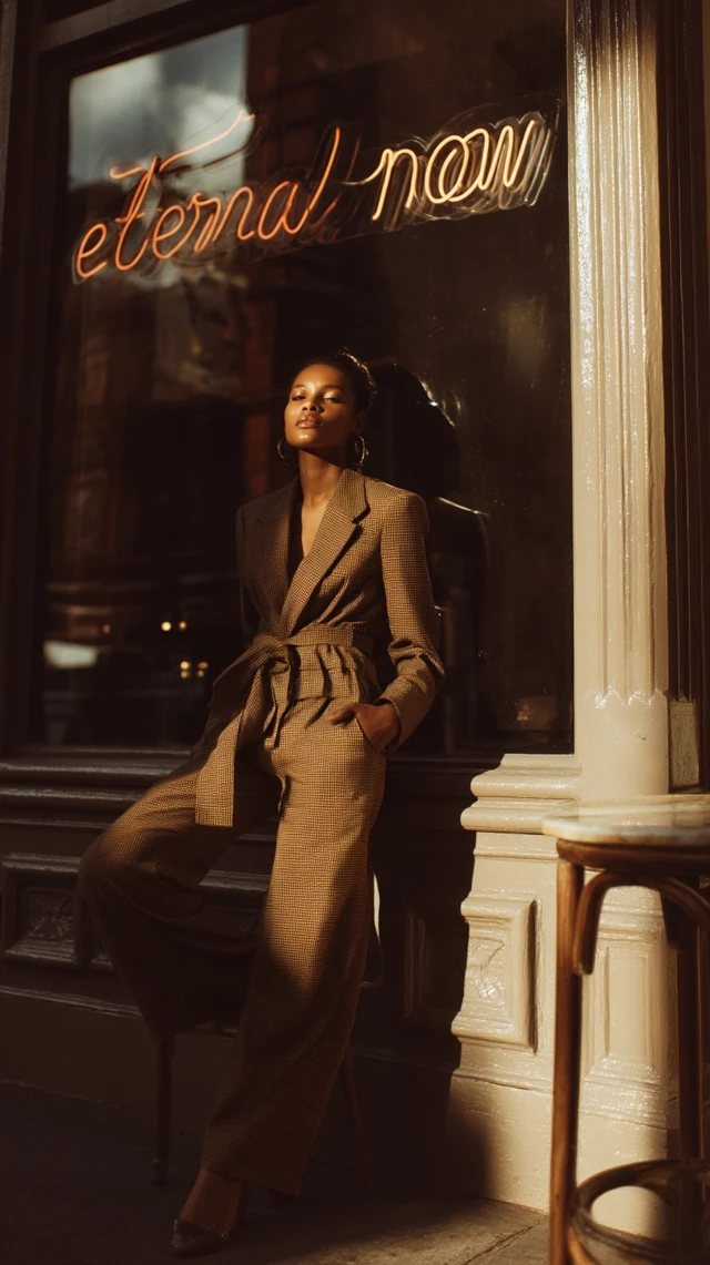 African Model in Calvin Klein Pantsuit at Cafe