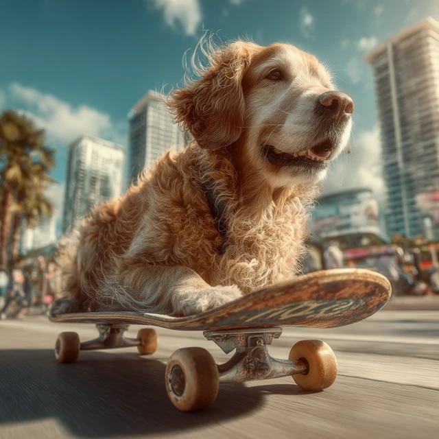 Golden Retriever Dog Skateboarding City Street