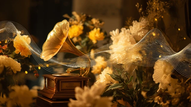 Nostalgic Gramophone Romantic Music and Flowers