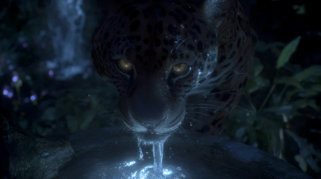 Jaguar Drinking in Magical Jungle CloseUp