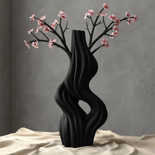 Matte Black Vase Cherry Blossom Floral Still Life