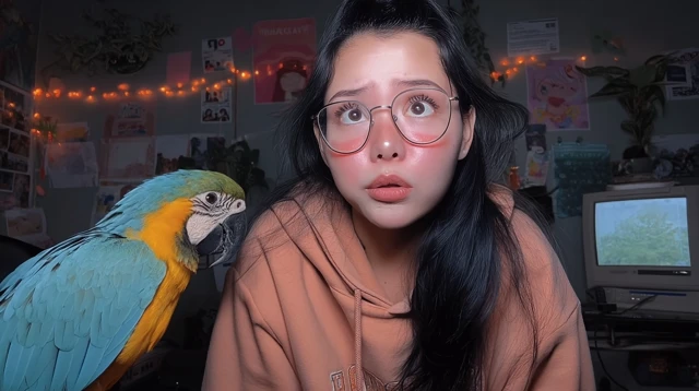 Girl with Parrot in Chaotic Room