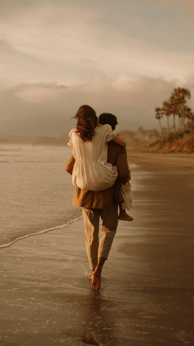 Romantic Beach Scene Golden Hour Couple Walking