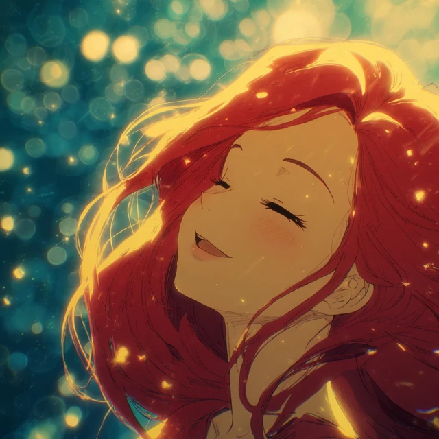 Anime Woman with Red Hair Peaceful Smile Illustration