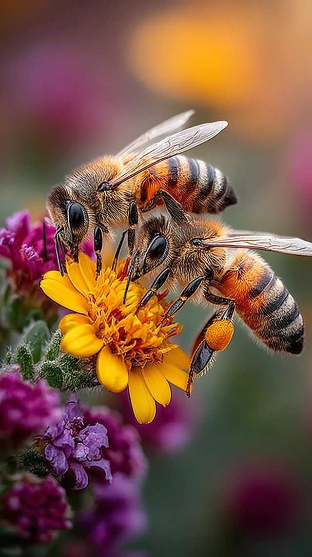 Bees Hugging on Flower Macro Photography